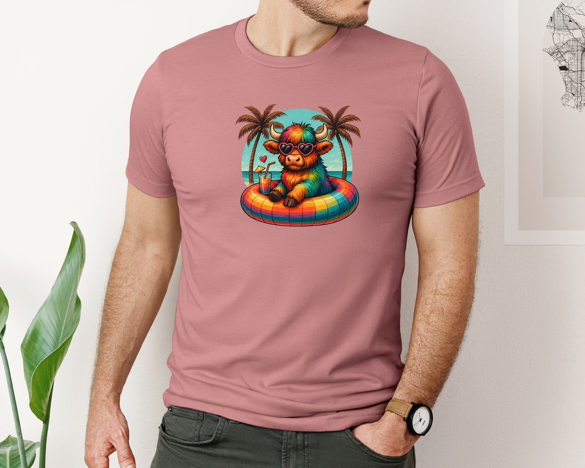 brand:Bella Canvas|color:Heather Mauve|Cute Highland Cow Summer Graphic T-Shirt