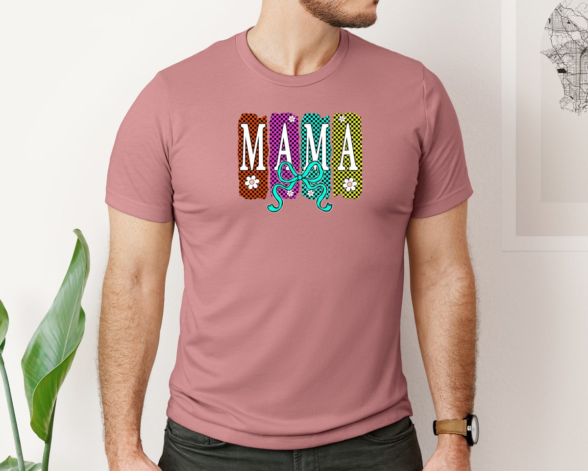 brand:Bella Canvas|color:Heather Mauve|Retro Checkered Mama Preppy Mom Graphic T-Shirt
