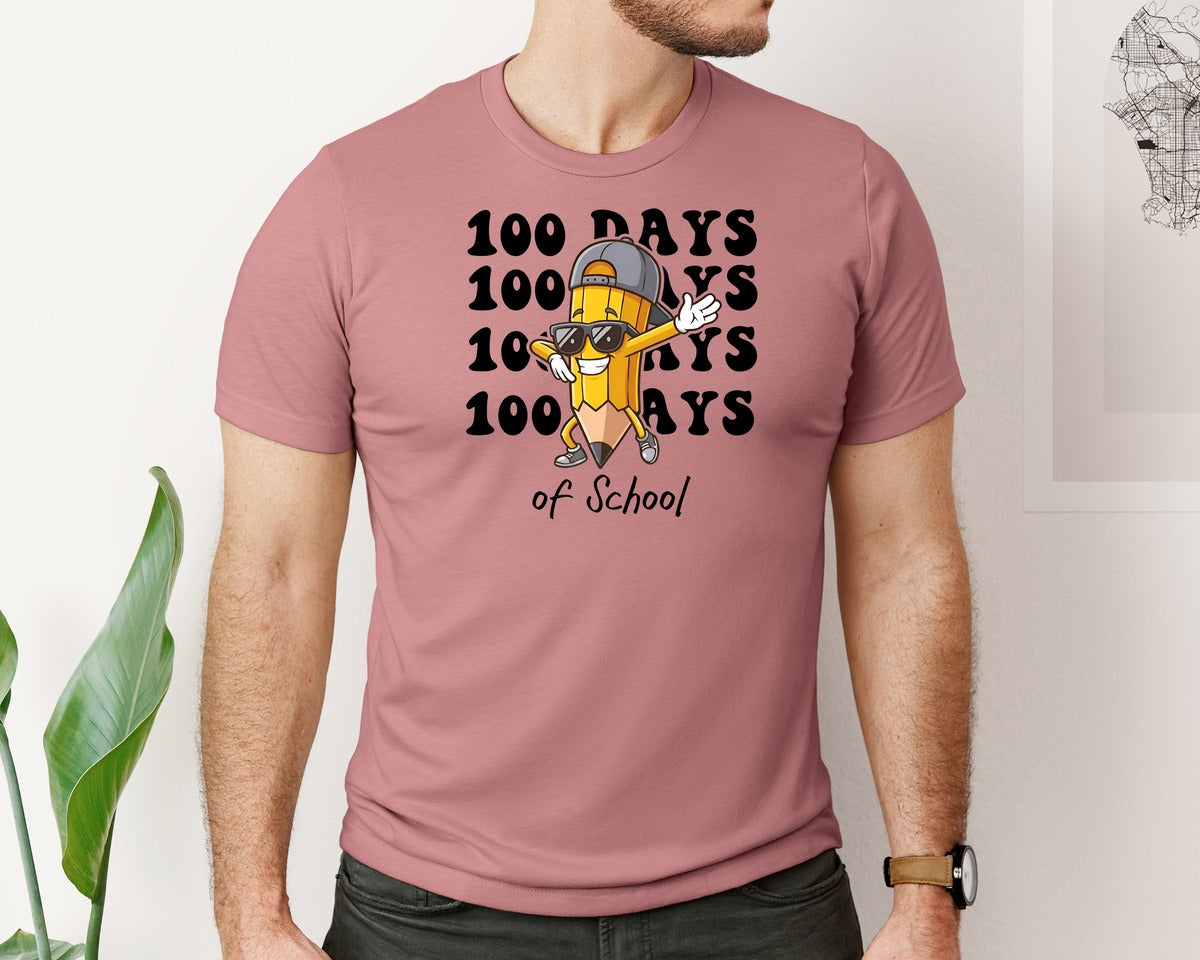 brand:Bella Canvas|color:Heather Mauve|Cool Pencil 100 Days Of School Graphic T-Shirt