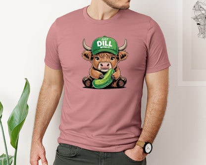 brand:Bella Canvas|color:Heather Mauve|Dill Cow Highland Cattle Pun Art Graphic T-Shirt