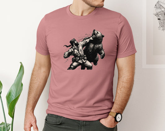 Funny Man Punching Bear Hunting Camping Graphic T-Shirt