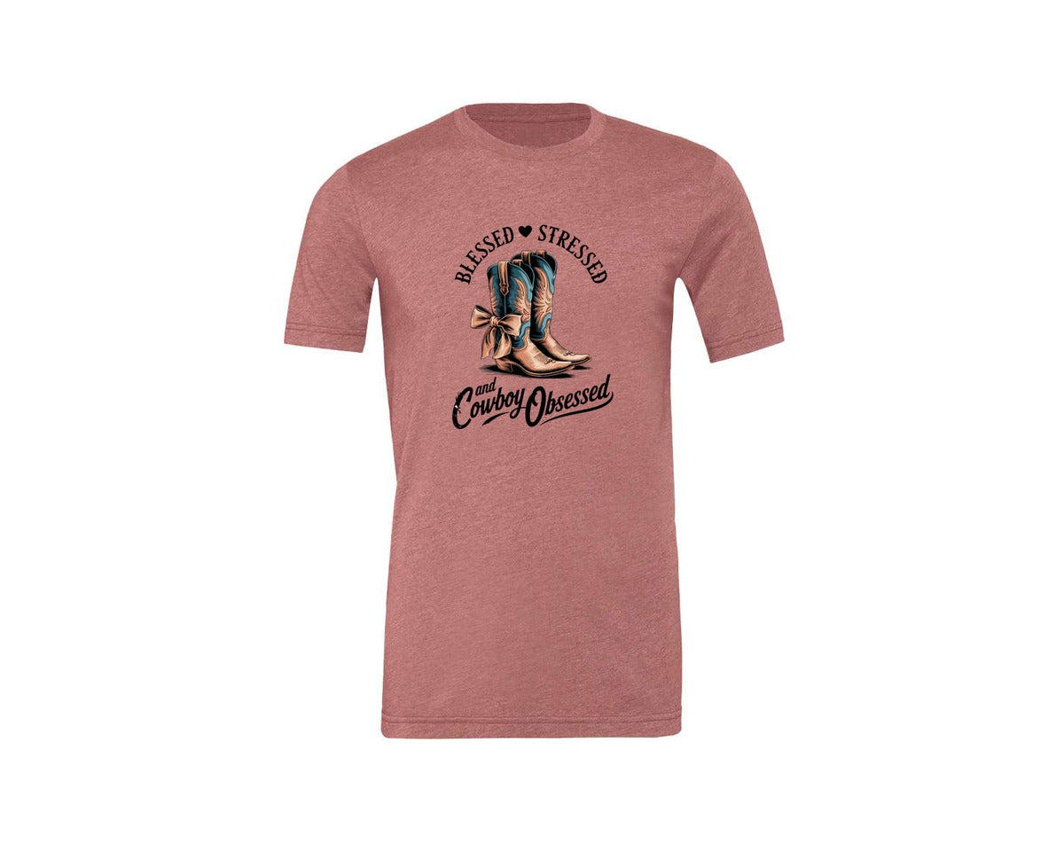 brand:Generic|color:Heather Mauve|Blessed Stressed Mom Western Mothers Day 3 Graphic T-Shirt
