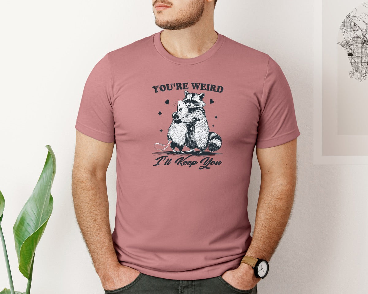 brand:Bella Canvas|color:Heather Mauve|Raccoon Hug Possum Youre Weird Shirt Graphic T-Shirt