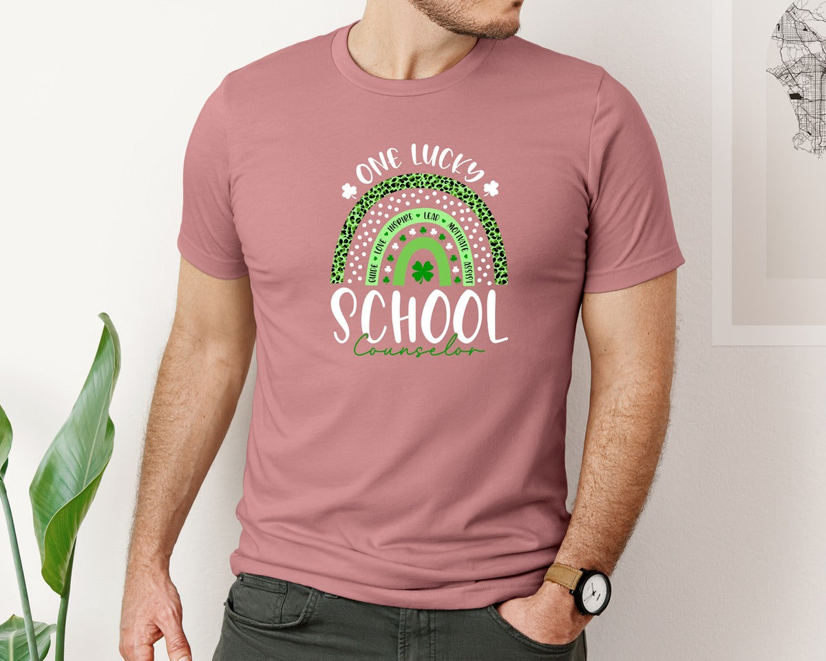 brand:Bella Canvas|color:Heather Mauve|One Lucky School Counselor Rainbow Graphic T-Shirt