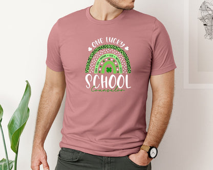 brand:Bella Canvas|color:Heather Mauve|One Lucky School Counselor Rainbow Graphic T-Shirt