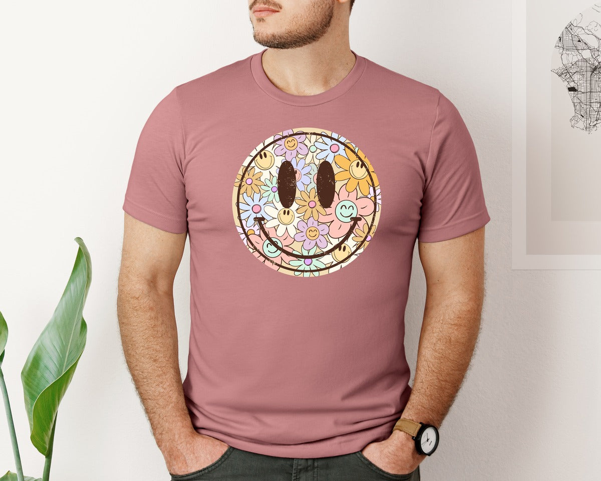 brand:Bella Canvas|color:Heather Mauve|Happy Smile Face Boho Flower Summer Graphic T-Shirt