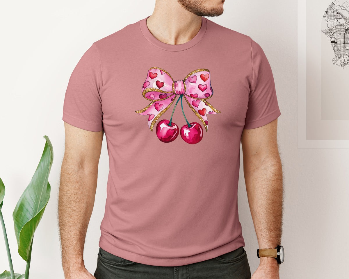 brand:Bella Canvas|color:Heather Mauve|Coquette Heart Bow Cherry Graphic T-Shirt