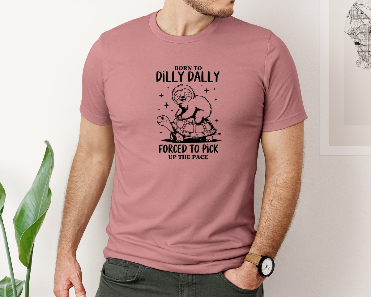 brand:Bella Canvas|color:Heather Mauve|Born To Dilly Dally Funny Sloth Graphic T-Shirt