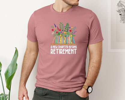brand:Bella Canvas|color:Heather Mauve|Floral Book Stack Retirement Design Graphic T-Shirt