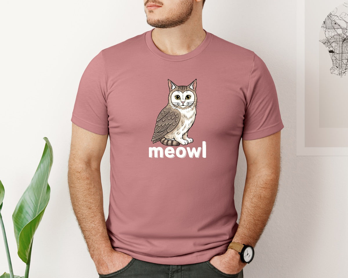 brand:Bella Canvas|color:Heather Mauve|Cat Owl Meowl Funny Meme T Shirt Design Graphic T-Shirt
