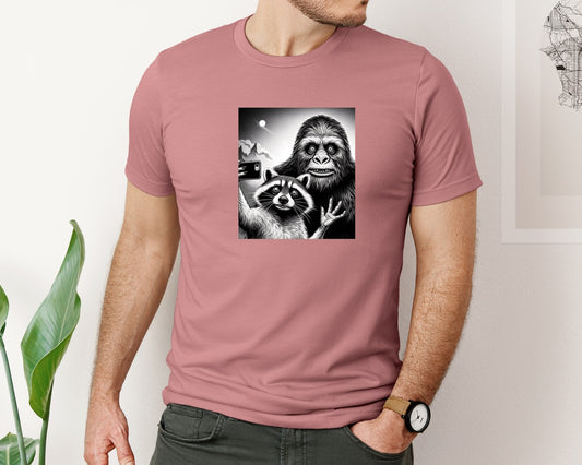 Scarred Raccoon Selfie With Bigfoot Yeti Graphic T-Shirt
