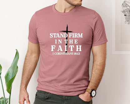 brand:Bella Canvas|color:Heather Mauve|Stand Firm Cross Mens Christian Shirts Graphic T-Shirt