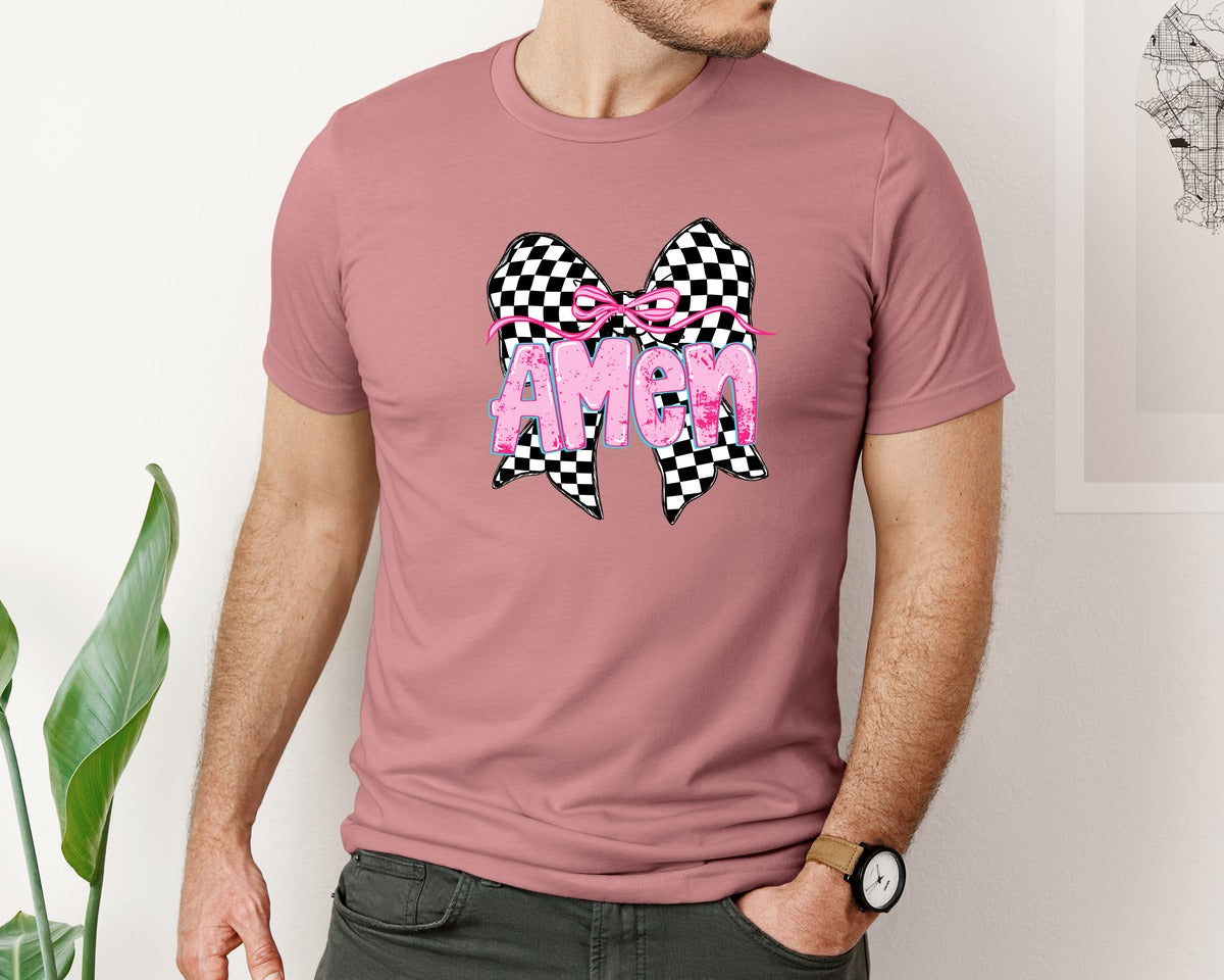brand:Bella Canvas|color:Heather Mauve|Amen Coquette Checkered Bow Christian Graphic T-Shirt