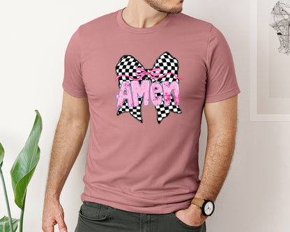 brand:Bella Canvas|color:Heather Mauve|Amen Coquette Checkered Bow Christian Graphic T-Shirt