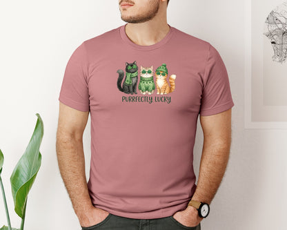 brand:Bella Canvas|color:Heather Mauve|Purrfectly Lucky St Patricks Day Graphic T-Shirt