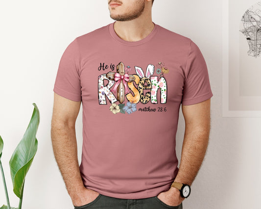 He Is Risen Easter Vibes Cross Flowers Graphic T-Shirt