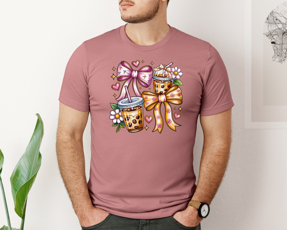 brand:Bella Canvas|color:Heather Mauve|Coquette Iced Coffee Coffee Lover Graphic T-Shirt