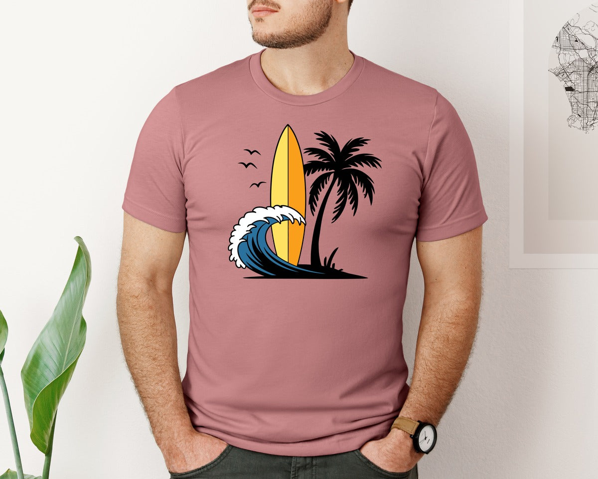brand:Bella Canvas|color:Heather Mauve|Surfboard With Ocean Wave And Palm Tree Graphic T-Shirt