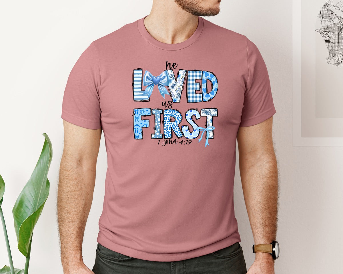 brand:Bella Canvas|color:Heather Mauve|Loved John Christian Valentine Blue Bow Graphic T-Shirt