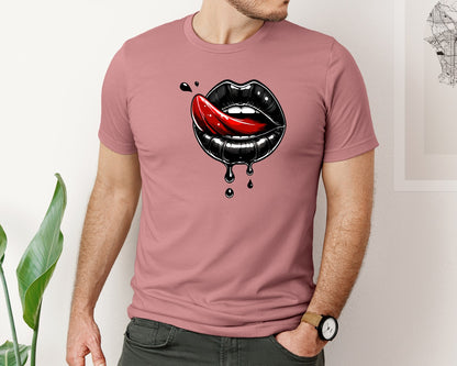 brand:Bella Canvas|color:Heather Mauve|Black Lips With Red Tongue Drips Graphic T-Shirt