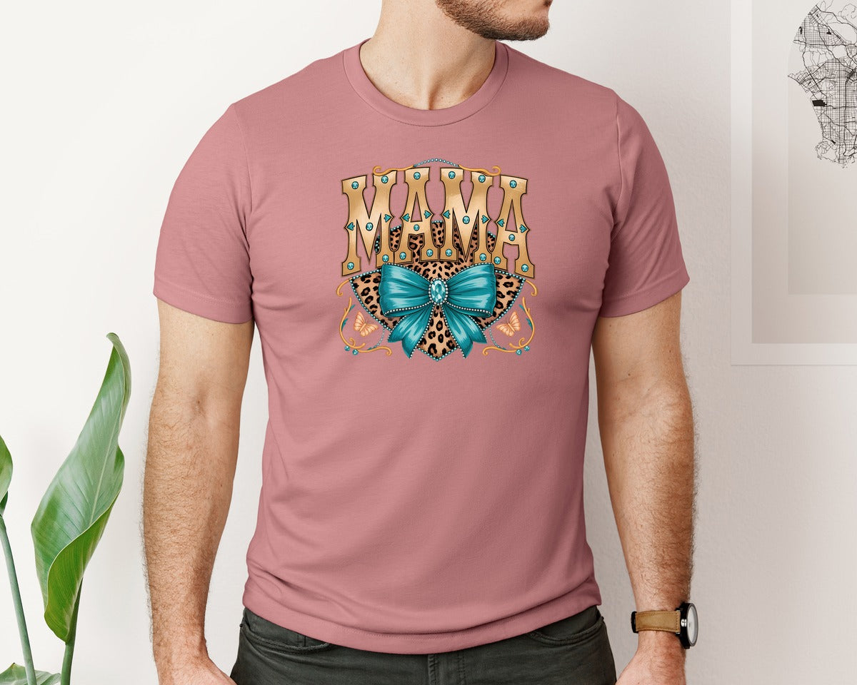 brand:Bella Canvas|color:Heather Mauve|Western Leopard Mama With Bow Graphic T-Shirt