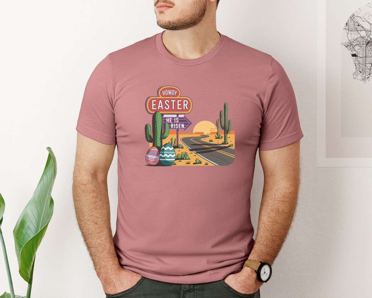 brand:Bella Canvas|color:Heather Mauve|Howdy Easter Western Desert Easter 3 Graphic T-Shirt