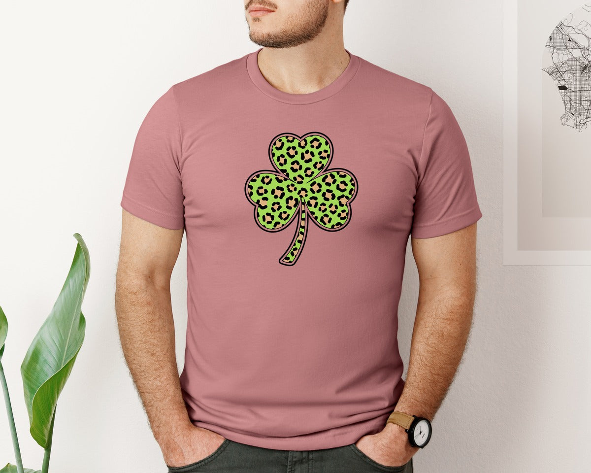 brand:Bella Canvas|color:Heather Mauve|Leopard Shamrock St Patrick Graphic T-Shirt