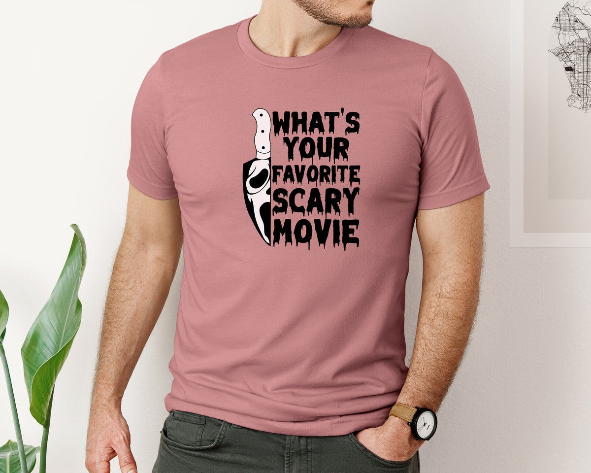 brand:Bella Canvas|color:Heather Mauve|Whats Your Favorite Scary Movie Scream Graphic T-Shirt