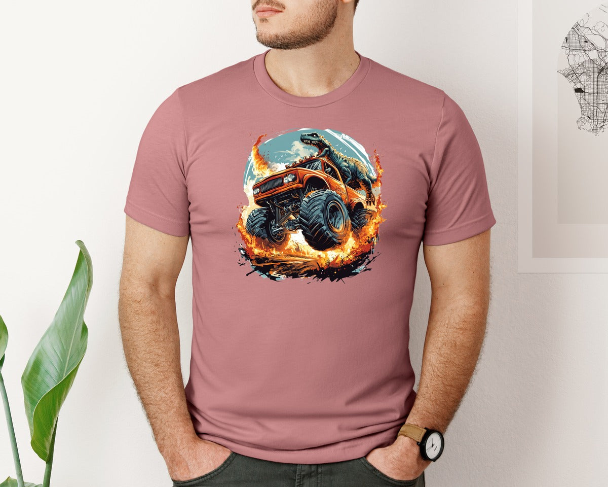 brand:Bella Canvas|color:Heather Mauve|T Rex Dinosaur Monster Truck 7 Graphic T-Shirt