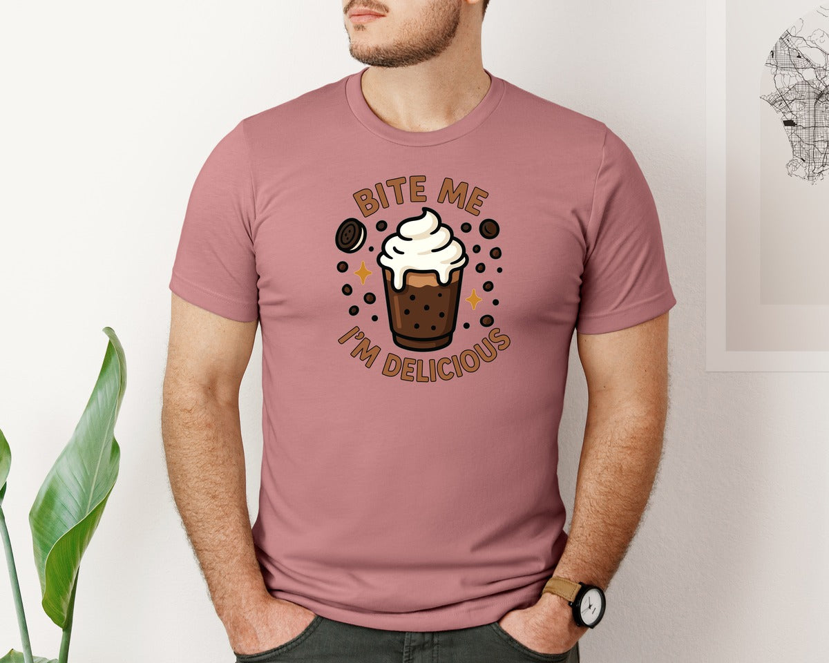brand:Bella Canvas|color:Heather Mauve|Bite Me Im Delicious Choco Drink Graphic T-Shirt