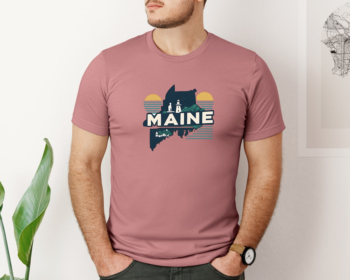 brand:Bella Canvas|color:Heather Mauve|Maine State Map 2 Graphic T-Shirt