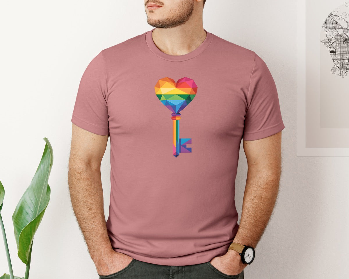 brand:Bella Canvas|color:Heather Mauve|Rainbow Heart Key Lgbt Symbol Graphic T-Shirt
