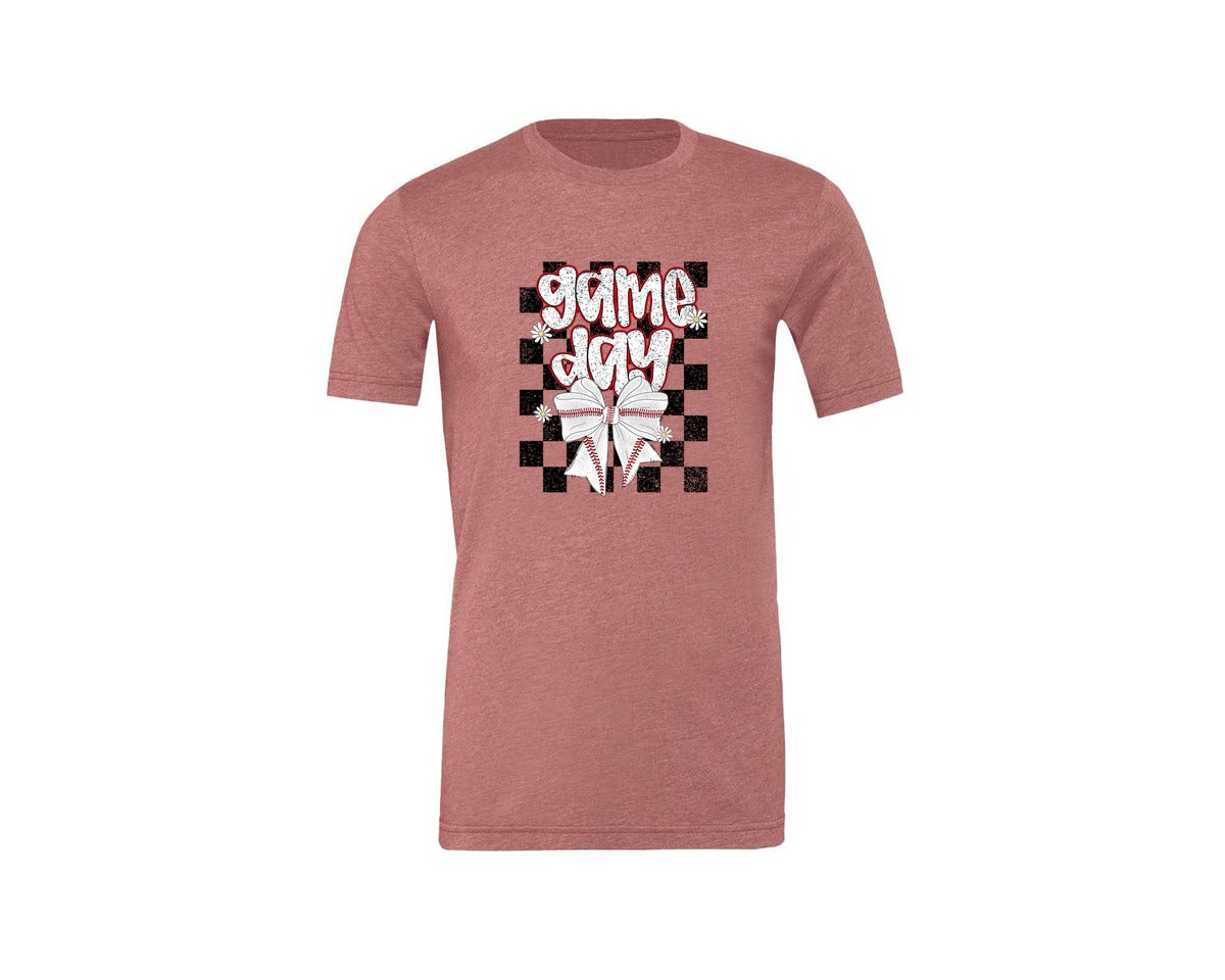 brand:Generic|color:Heather Mauve|Checkered Baseball Game Day Graphic T-Shirt