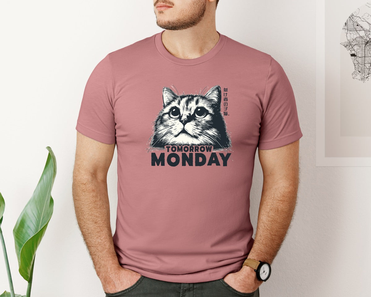 brand:Bella Canvas|color:Heather Mauve|Tomorrow Is Monday Lazy Cat Shirt Graphic T-Shirt