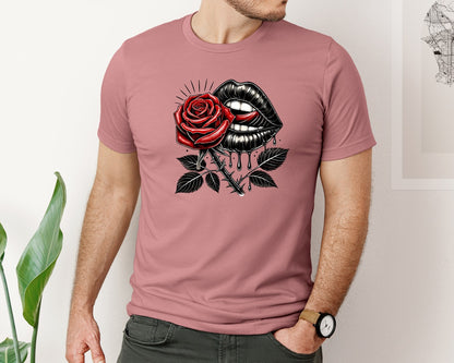 brand:Bella Canvas|color:Heather Mauve|Lips Rose Black Theme Skull Art Tattoo Graphic T-Shirt