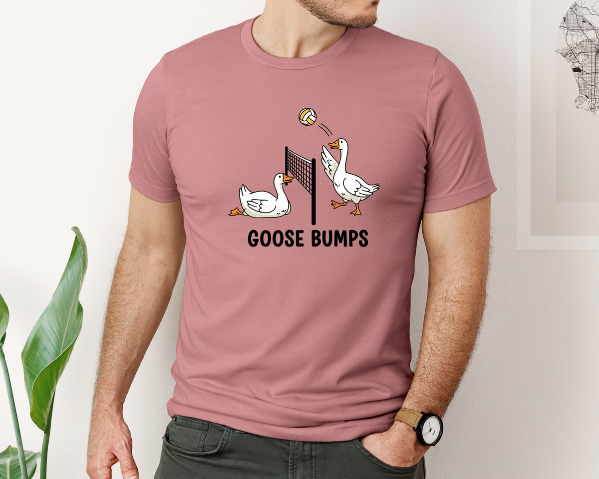 brand:Bella Canvas|color:Heather Mauve|Goose Bumps Volleyball Funny Duck Graphic T-Shirt