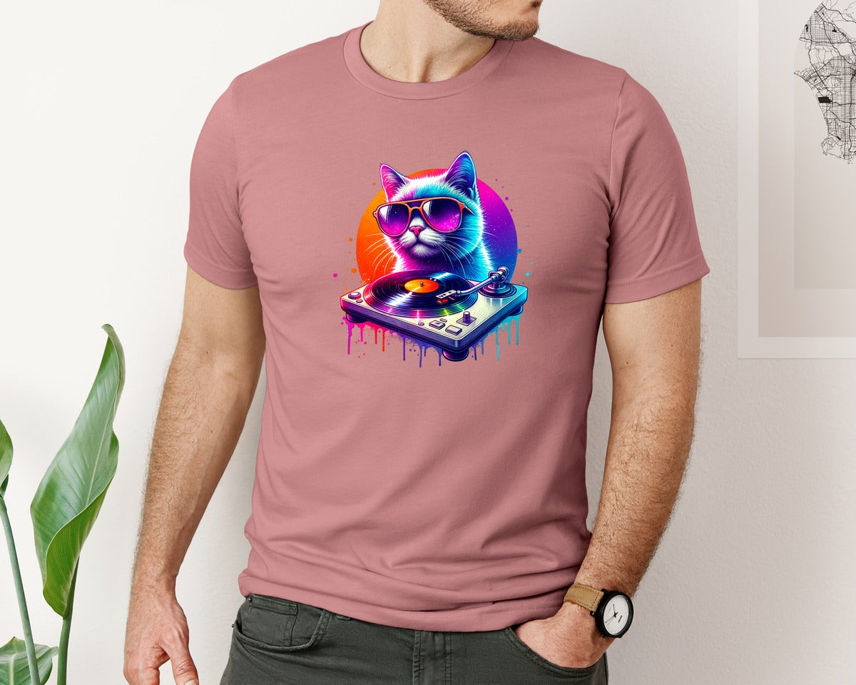 brand:Bella Canvas|color:Heather Mauve|Colorful Neon Dj Cat Music Lover Graphic T-Shirt