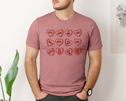 brand:Bella Canvas|color:Heather Mauve|Valentine Candy Hearts Love Graphic T-Shirt