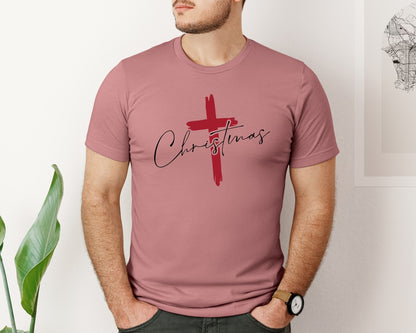 brand:Bella Canvas|color:Heather Mauve|Christmas Cross Christian Christmas Graphic T-Shirt