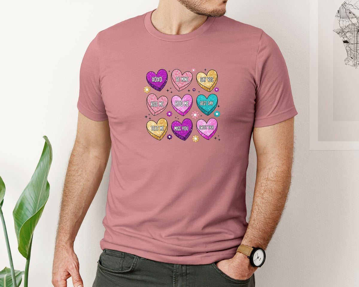 brand:Bella Canvas|color:Heather Mauve|Glitter Valentine Candy Hearts Graphic T-Shirt