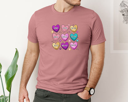 brand:Bella Canvas|color:Heather Mauve|Glitter Valentine Candy Hearts Graphic T-Shirt