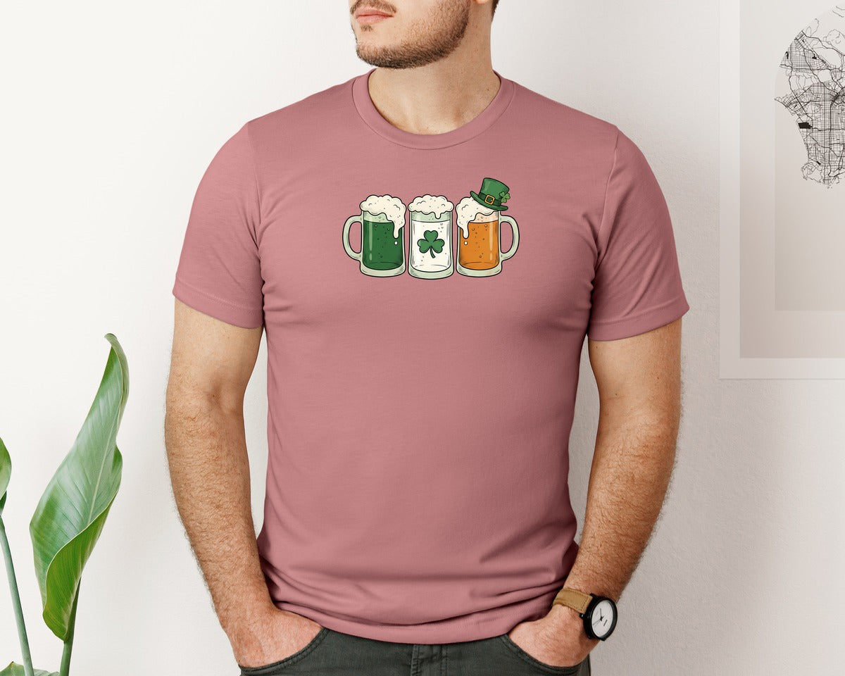 brand:Bella Canvas|color:Heather Mauve|St Patricks Day Irish Beer Mugs Graphic T-Shirt