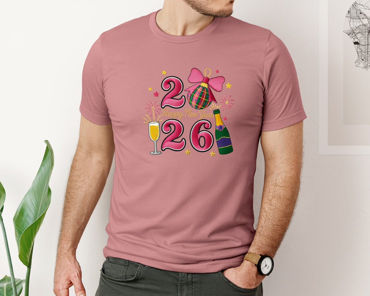 brand:Bella Canvas|color:Heather Mauve|Faux Yarn Happy New Year 2026 Design Graphic T-Shirt