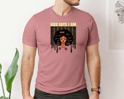 brand:Bella Canvas|color:Heather Mauve|God Says I Am Afro Black Girl Graphic T-Shirt