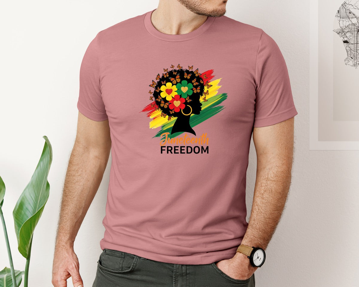 brand:Bella Canvas|color:Heather Mauve|Afro Messy Bun Juneteenth Juneteent Graphic T-Shirt
