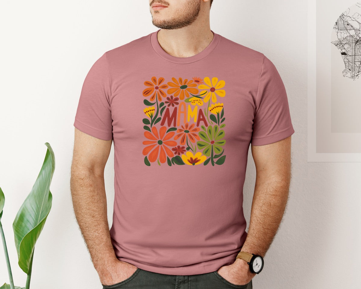 brand:Bella Canvas|color:Heather Mauve|Retro Floral Mama Boho Mothers Day 3 Graphic T-Shirt