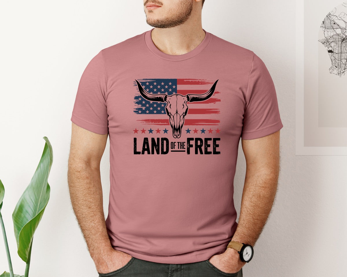 brand:Bella Canvas|color:Heather Mauve|Patriotic Bull On Flag 4Th Of July Graphic T-Shirt