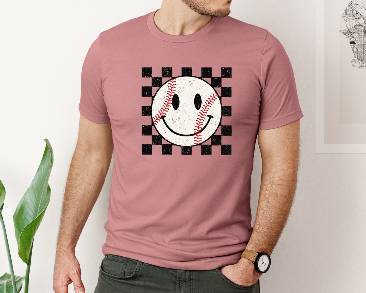 brand:Bella Canvas|color:Heather Mauve|Retro Baseball Pngcheckered Smiley Face Graphic T-Shirt