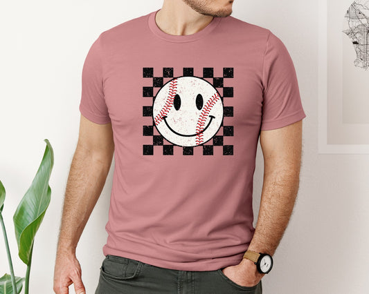 Retro Baseball Pngcheckered Smiley Face Graphic T-Shirt