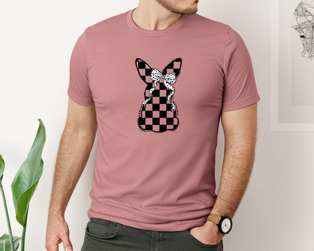 brand:Bella Canvas|color:Heather Mauve|Bunny Checkered Easter Spring Bow Doodle Graphic T-Shirt
